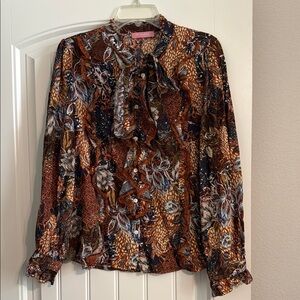Brown and Black Ruffled Long Sleeve Blouse with Bib Collar